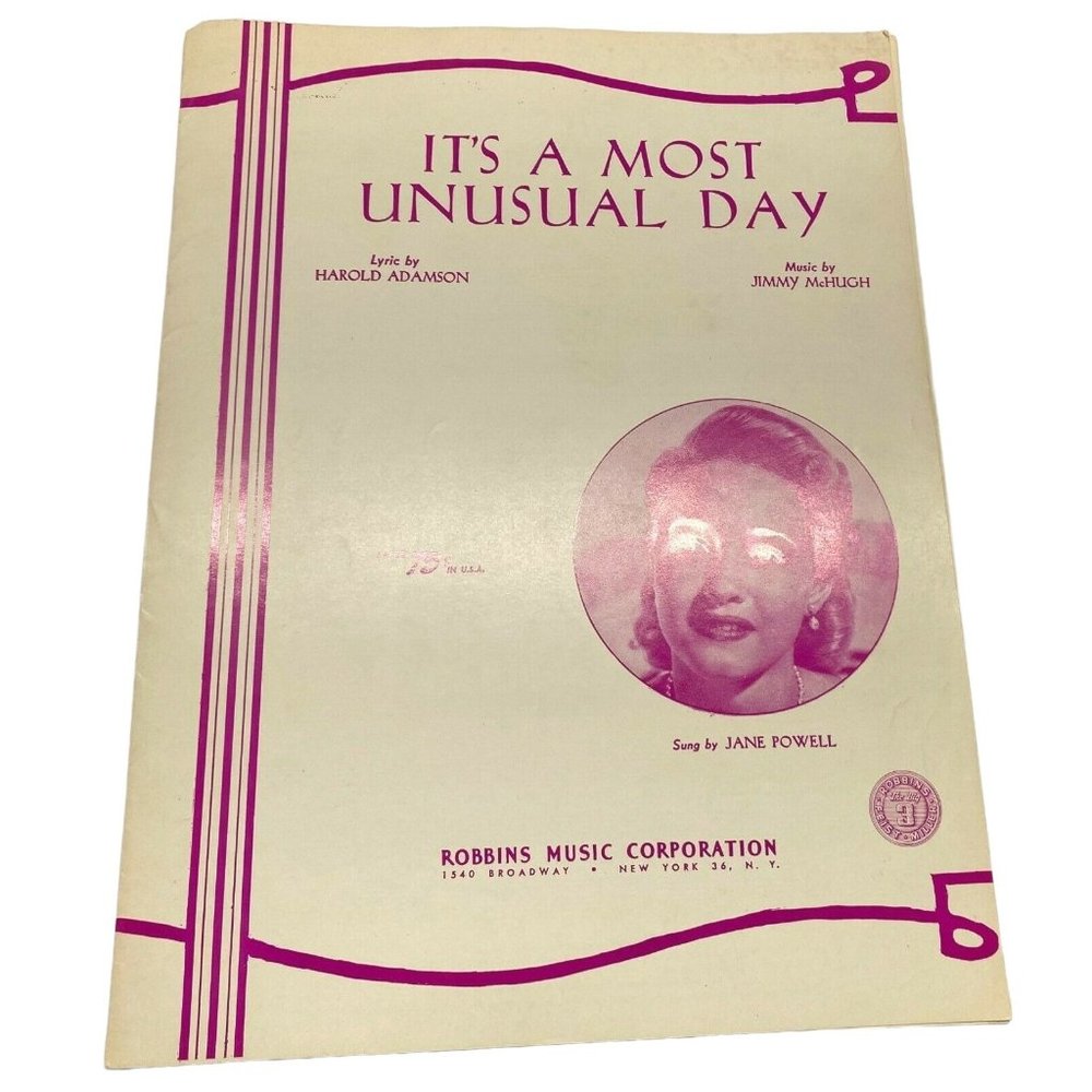 Piano Sheet Music It's a Most Unusual Day 1948 Jane Powell
